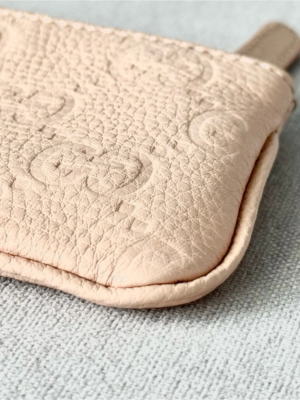 Pale Pink Embossed Leather Zip Pouch with Gold Chain